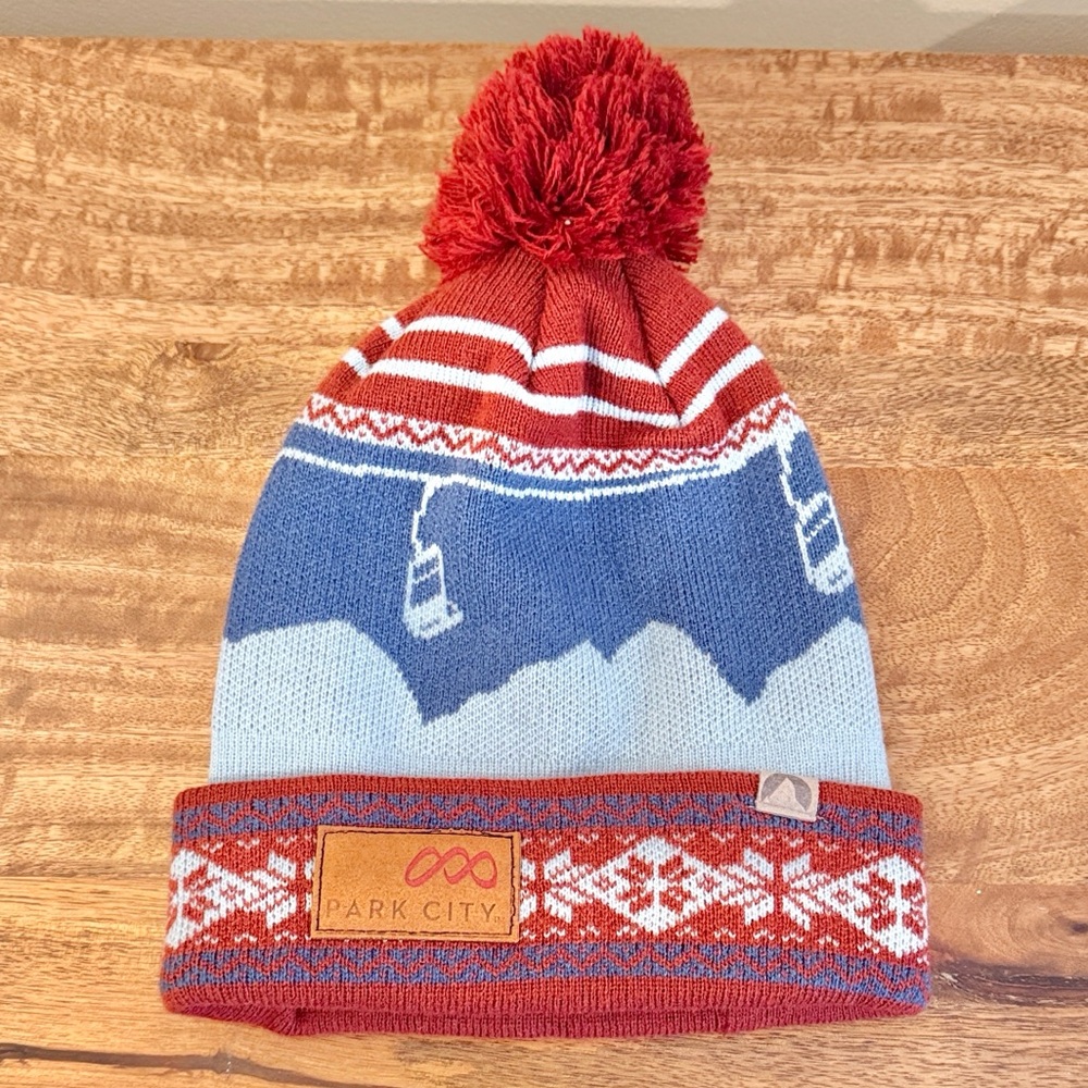 Park City Utah Ski Lift Print Pom Knit Beanie Men’s hat one size
